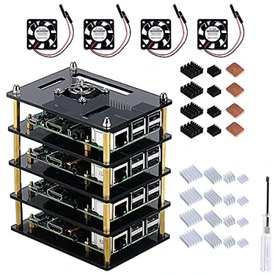 Image de GeeekPi Raspberry Pi 4 Cluster Boîtier, Boîtier avec Ventilateur &amp; Radiateur, Layers Acrylic Rack Stackable for 4B/3B+/3B/2B