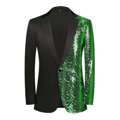Image de PYJTRL Hommes Vert Bleu Or Feuilles Modèle Paillettes Blazer, vert, M