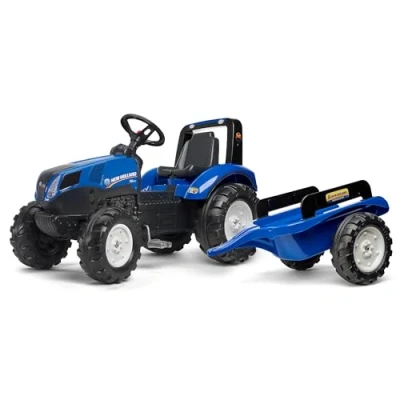 Image de Falk Tracteur à pédales New Holland avec remorque Dès 3 ans Fabriqué en France Volant directionnel klaxon Siège ajustable 3090B, Bleu