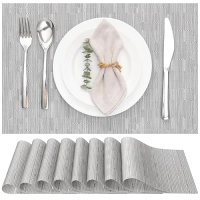 Image de Myir JUN Lot de 8 Sets Table, Tissé Lavable Napperons pour Cuisine ou Table à Manger Résiste la Chaleur Antidérapant Fait en Vinyle (30x45cm) (Gris Clair)