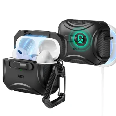 Image de ESR Coque pour AirPods Pro 2/1 (2023/2022/2019), Compatible avec 2e Génération (Câble USB C/Lightning), MagSafe sans Effort, Antichute, Ouverture Facile, Série Cyber, Noir