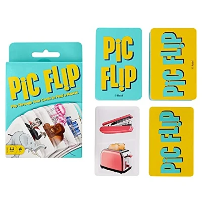 Image de Mattel games Pic Flip, Jeu de Société 110 Cartes imagées à Feuilleter et Associer, 7 Ans Plus, GKD70 Multicolore