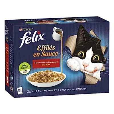 Image de FELIX Tendres Effilés en Sauce Chat Adulte Sélection de Bœuf, Poulet, Canard et Agneau Lot 12 x 85 g Sachet fraicheur