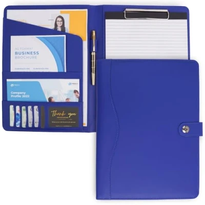 Image de AMKSONS Geschäft Étui d&#039;écriture A4 en bleu avec presse papiers et bloc notes DIN Dossier de conférence cuir PU qualité supérieure compartiments pour documents, porte stylos,