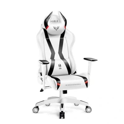 Image de Diablo X Horn Chaise Gaming Siege Fauteuil Bureau Accoudoirs 3D Design Ergonomique Oreiller Cou Coussin Lombaire Skaï Fonction d&#039;inclinaison Blanc Normal (L)