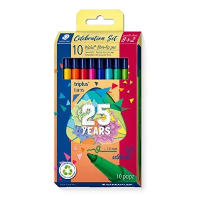 Image de STAEDTLER Triplus Color 323 Etui Carton 10 Feutres Coloriage Pointe Moyenne 1 mm Assortis Edition Anniversaire C10 Ta Multicolore