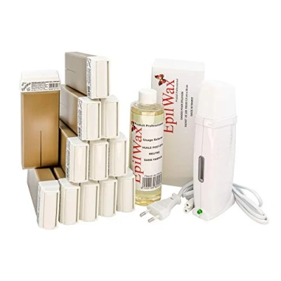 Image de EpilWax Kit Chauffe Cire Épilation Professionnelle avec 12 x Recharges Roll on au Chocolat, 100 Bandes d&#039;Épilation et Huile après Gamme Royal
