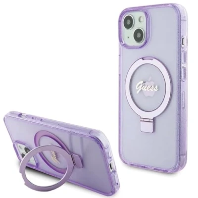 Image de Guess GUHMP15MHRSGSU Coque pour iPhone 15 Plus 6,7&quot; Violet Rigide avec Anneau Support Script Paillettes