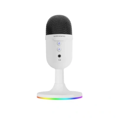 Image de Mars Gaming MMIC CX, Microphone de Studio Professionnel, Design Compact ARGB, Haute Définition 196kHz/24 Bits, Réduction Bruit ENC, Condensateur Cardioïde, Bouton Mute, USB Plug&amp;Play,Jack 3.5mm,Blanc