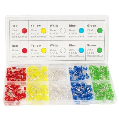 Image de DiCUNO 450pcs(5 Couleurs x 90pcs) 5mm Bi pin LED Diode électroluminescente, Tête ronde colorée, Haute luminosité lampe LED, 5 couleurs(Blanc/Rouge/Jaune/Vert/Bleu)