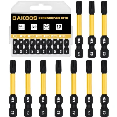 Image de DAKCOS T30 Bit long, Torx T30, assortiment d&#039;embouts en S2, embout de vissage 1/4 tige hexagonale (longueur : 50 mm, 10 pièces)