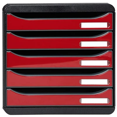 Image de Exacompta Réf. 3097218D BIG BOX PLUS Caisson 5 tiroirs pour document A4+ Dimensions extérieures : Profondeur 34,7 x largeur 27,8 Hauteur 27,1cm Noir/Rouge Carmin glossy
