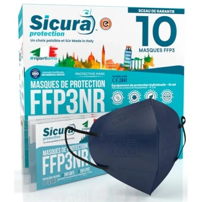 Image de 10x Masque FFP3 Bleu élastiques noirs certifié CE fabriqué en Italie Haute Filtration Plus élevée BFE ≥99% PFE≥99% Masques 10 pièces Scellés Individuellement UV C Désinfectez