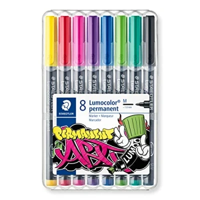 Image de Staedtler Lumocolor Permanent, Feutres permanents multi surfaces à pointe moyenne, Encre résistante l&#039;eau et aux UV, Étui chevalet avec 8 couleurs assorties, 317 WP8 1