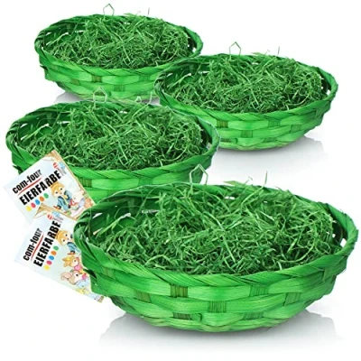 Image de com four® 4X paniers de Pâques avec Herbe déco et Oeufs colorés Verts Verte Panier en Raphia colorée (Ensemble 4 Vert)