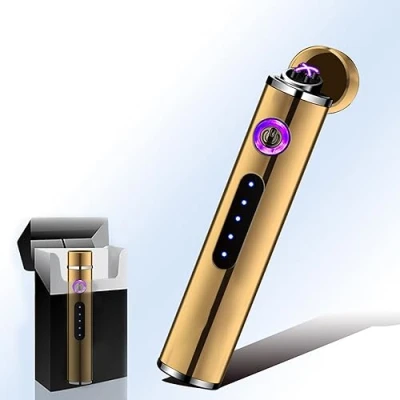 Image de TIKIUKI Briquet électrique Rechargeable Tempête à Arc Plasma Mini Coupe Vent Cylindrique Adapté, Léger Et Portable Convient pour Emporter（Doré）