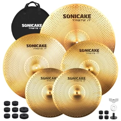 Image de SONICAKE cymbales à faible volume 14&quot; HiHat+16&quot; Crash+18&quot; Crash+20&quot; Ride jeu de mèche 5 pièces doré avec pochette bassin et accessoires