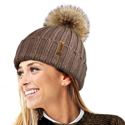 Image de TOSKATOK® Femmes Hiver Rib Bonnet/Beanie avec Chunky détachable en Fausse Fourrure Bobble Pom Taille Unique Mink