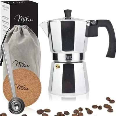 Image de Milu Cafetière Italienne (Non Induction) 2 3 6 9 tasses Moka en Aluminium, Espresso Maker, Ensemble comprenant un sous verre, une cuillère, pinceau (Aluminium, (150ml)