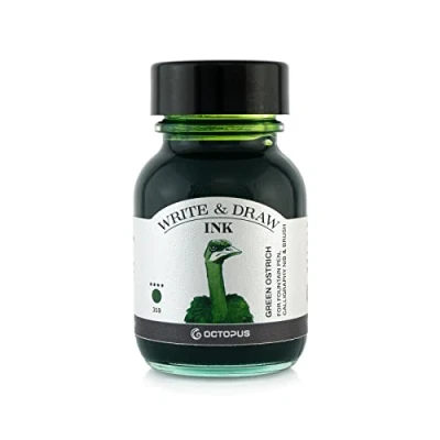 Image de Octopus Write and Draw Ink 359 Green Ostrich, encre résistante à l&#039;eau pour écrire et dessiner, de calligraphie, cartouche dessin la lumière stylo plume, vert, 50 ml