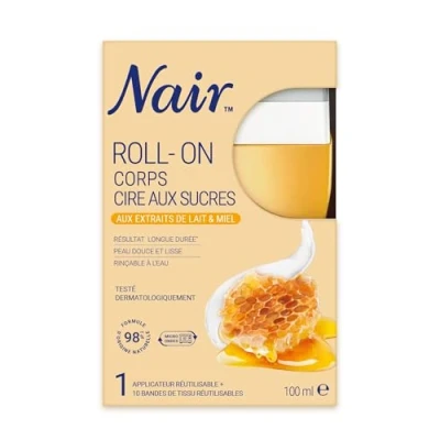Image de NAIR Roll On Cire au Sucre, aux extraits de Lait &amp; Miel, spéciale Peaux Sèches Sensibles, avec 10 Bandes Réutilisables Rinçables à l&#039;Eau, 100ml