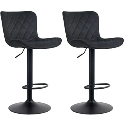 Image de CLP Lot De 2 Tabourets Bar Emma Similicuir Tissu Velours I Chaises Hautes Réglables Pivotant Pied Métal Repose Pieds, Couleur:Noir, Matériel:Velours