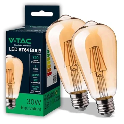 Image de V TAC 2x Ampoule LED Filament ST64 culot E27 8W (équivalent 50W) 720 Lumen Lot de 2 Ampoules Vintage en Verre Ambré Efficacité Maximale et Économie d&#039;Énergie 2200K Blanc Chaud