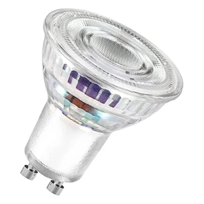 Image de OSRAM à réflecteur LED de classe énergétique PAR16 4,7 W, 850 lm, blanc chaud (2700 K) en verre transparent sans plomb avec culot GU10 d&#039;efficacité A, diamètre 50 mm, IP20.