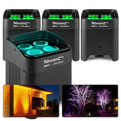 Image de BeamZ BBP54 Lot de 4 Projecteurs PAR Uplight sur Batterie IP65 RGBAW UV WDMX 48 Watts, 15 Heures d&#039;Autonomie, Idéal pour Éclairage Salle, Mariage, Jardin, Architecture