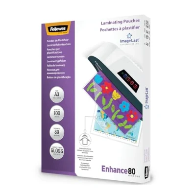 Image de Pochettes de plastification Fellowes au format A3, 80 microns, Pack 100 Feuilles à plastifier, Finition Brillante, Technologie ImageLast Aspect Haute Qualité, Idéal pour les photos et affiches