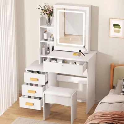 Image de smbcgdm Coiffeuse avec Miroir et Tabouret, Bureau de Coulissant lumières, Chambre à Coucher 4 tiroirs, Table Maquillage tiroirs étagères, Espace Rangement caché, Blanc