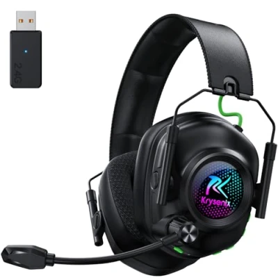 Image de Krysenix KGH2 Casque Gaming sans Fil, 2,4 GHz pour PS4, PS5, PC, Mac, Switch, Bluetooth avec Microphone, Réduction du Bruit, éclairage LED, Noir