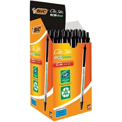 Image de BIC Clic Stic ECOlutions Stylos Bille Rétractables Pointe Moyenne (1,0 mm) Noir, Boîte de 50