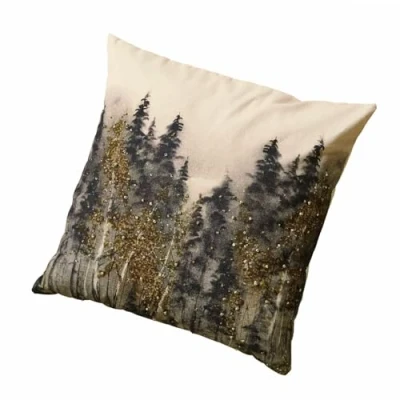 Image de Loberon Housse de Coussin Aurignac, ornée Sequins, détails brodés à la Main, Motif forestier décoratif, élégance Naturelle, Coussin, Accessoire Maison, Coton. Gris/Or