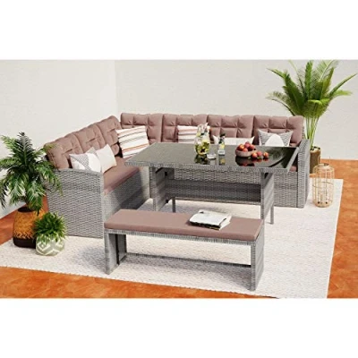 Image de CONCEPT USINE Salon de Jardin Angle Résine Tressée 8 Personnes Moorea Gris Clair Coussin Café 1 Table Haute Plateau Verre + 2 Canapés Banc Coussins Déhoussables Imperméables