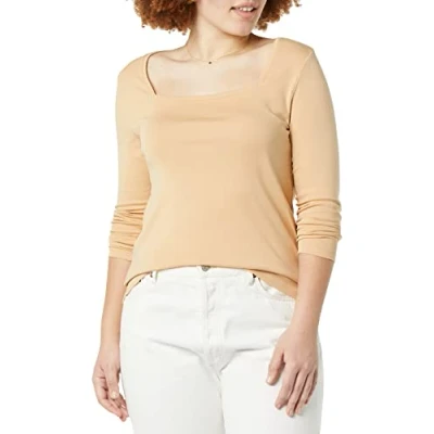 Image de Amazon Essentials T Shirt Ajusté À Manches Mi Longues Et Col Carré Femme, Fauve Clair, L