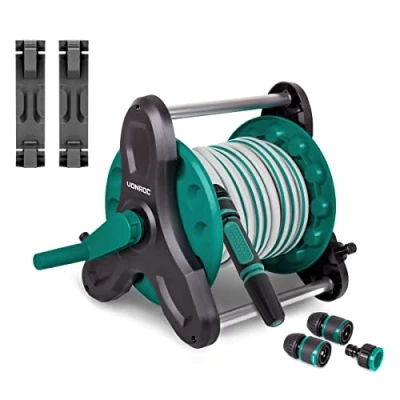 Image de VONROC Dévidoir Jardin avec Tuyau 10m Prêt à Arroser, Facile Utiliser Kit Complet Enrouleur Mural Buse Réglable Raccords de et Robinet Inclus