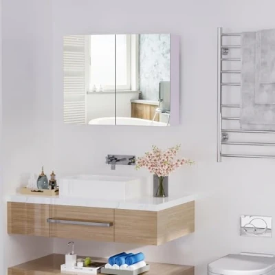 Image de HOMCOM Armoire Miroir de Salle Bain Murale Double Portes et étagères dim. 80L x 15l 60H cm MDF Blanc