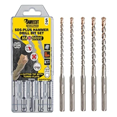 Image de 5 x SabreCut QSCK5A mm 5,5 6 7 8 160 Quattro PGM Approuvé Full Carbide 4 Cutter Tip Vortex Flûte SDS Plus Kit de mélange forets pour Pierre Béton Bloc brique