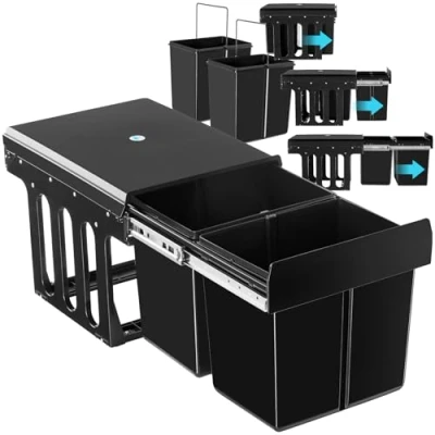 Image de TecTake® Poubelle de tri selectif pour Meuble cuisine Noir 2 compartiments 2x15L 30 litres sous evier encastrable plastique
