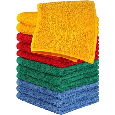 Image de Utopia Towels Lot de 12 débarbouillettes 100 % coton peigné ring spun, flanelle grande qualité pour le visage, très absorbante et douce, bleu, vert, rouge, jaune moutarde