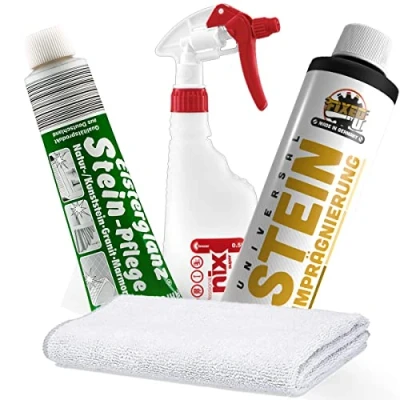 Image de detailmate Kit d&#039;entretien pour pierre avec 150 ml, imprégnation de 500 chiffon en microfibre, vaporisateur Nettoie, poli, imprégné et scellé marbre, granit, naturelle