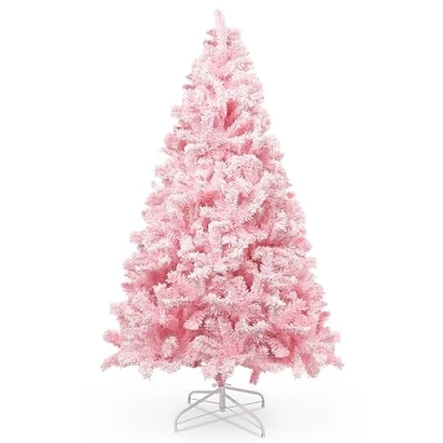Image de Sapin de Noel Artificiel 210 cm Rose avec Décoration Floquée Dodue Flocons Neige, 1200 Feuilles Pin Pointues en PVC et Base Stable, Noël pour Décorations