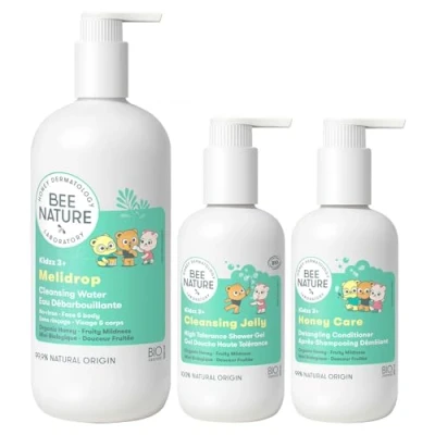 Image de Bee Nature Gel Douche Bio Enfant 200ml Shampoing Honey Mousse Eau Nettoyante Sans Rinçage 500ml 100% Biodégradable et Recyclable.
