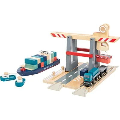 Image de Small Foot 11378 Terminal à conteneurs en Bois, avec portique de manutention Mobile et Accessoires, partir 3 Ans Jouets, Multicolore
