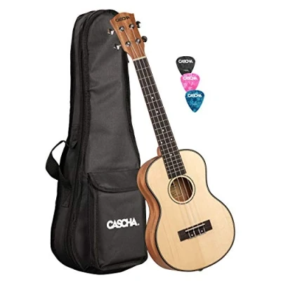 Image de CASCHA Ukulélé Ténor, table d&#039;harmonie en épicéa massif, Solid Top, set de guitare hawaïenne avec cordes Aquila, accessoires, sac et 3 plectres