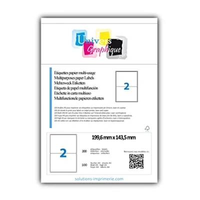 Image de 100 étiquettes 199,6 x 143,5 mm pour expédition. Blanches adhésives personnalisables soit 50 feuilles de 2 type A5 imprimante jet d&#039;encre et Impression laser utilisable sur word