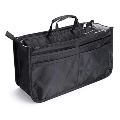 Image de Ignpion Organiseur de sac à main 13 poches extensible imprimé avec fermeture éclair et poignée, Noir (Noir) IGN0029