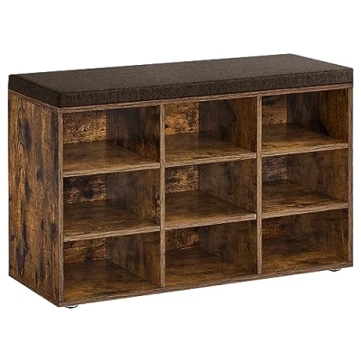 Image de VASAGLE Banc à Chaussures, Organiseur de Chaussures avec 9 Compartiments, Siège Rembourré, pour Entrée, Couloir, Placard, Marron Rustique et Châtaigne LHS009B01