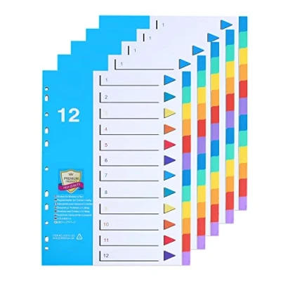Image de (Lot de 5) A4 Intercalaires en Plastique, Feuillets 12 Positions,Intercalaires avec Onglets Multicolores,Numérotés 1